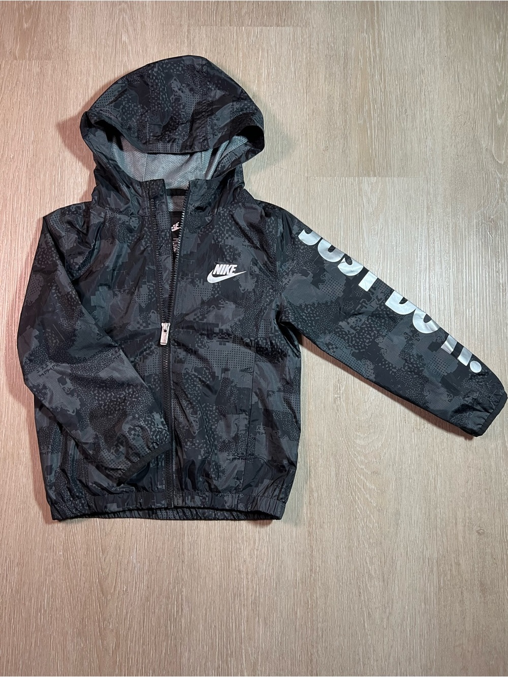 Nike Black Camo Hooded Windbreaker Jacket with White Swoosh
